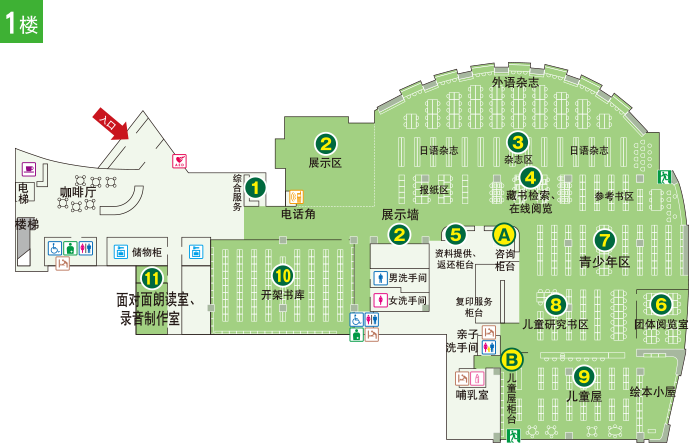 多摩图书馆　1楼のフロアマップ