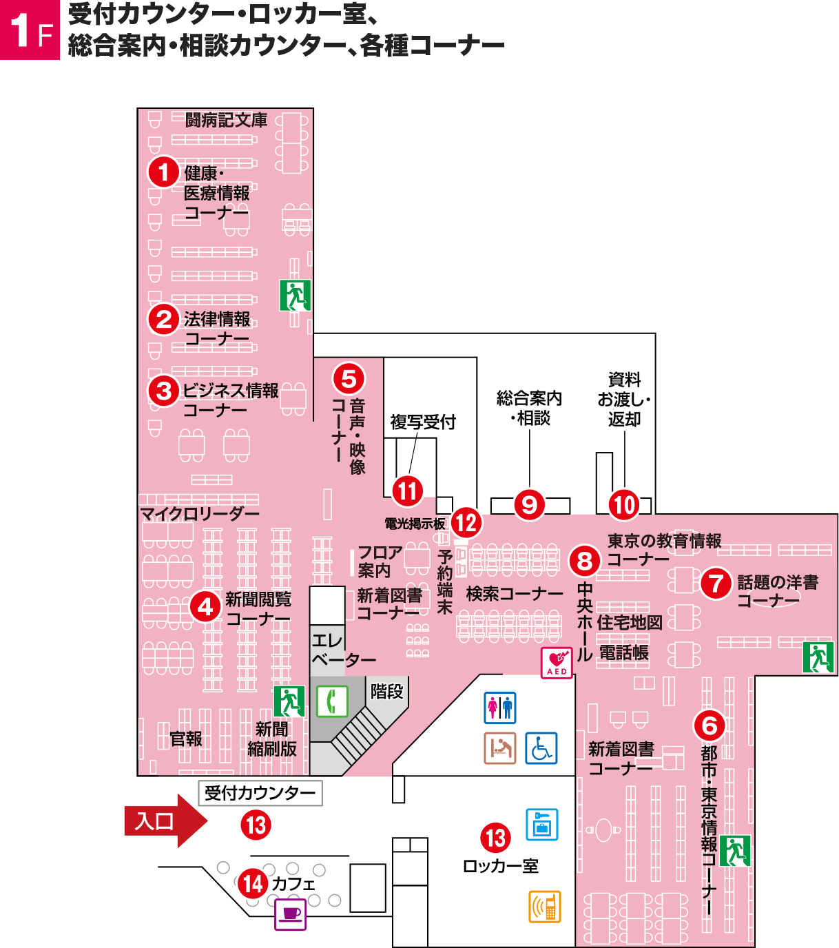都立中央図書館1階のフロアマップ