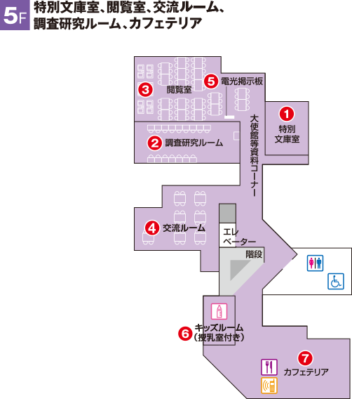 都立中央図書館5階のフロアマップ