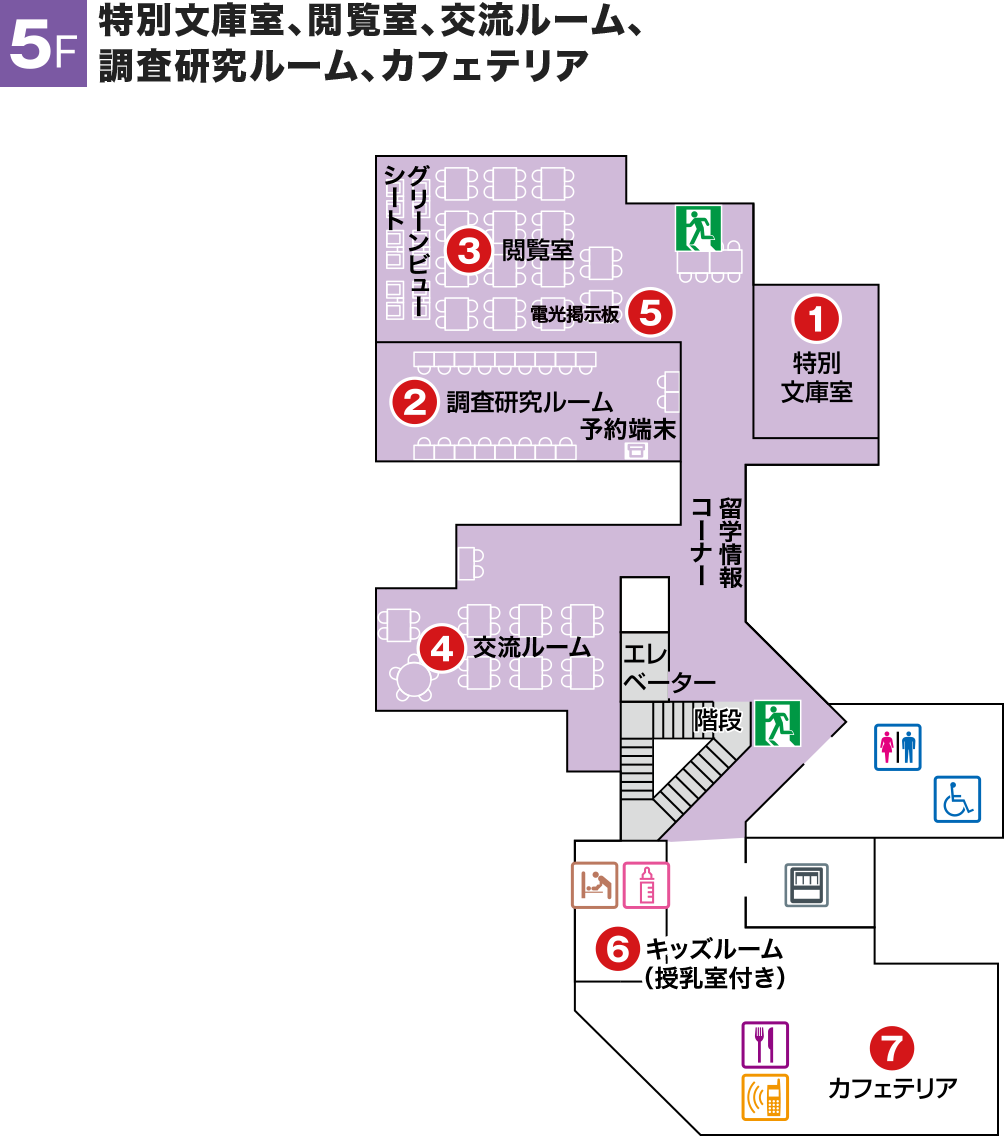 都立中央図書館5階のフロアマップ