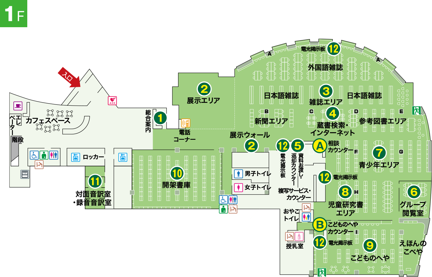 都立多摩図書館1階のフロアマップ