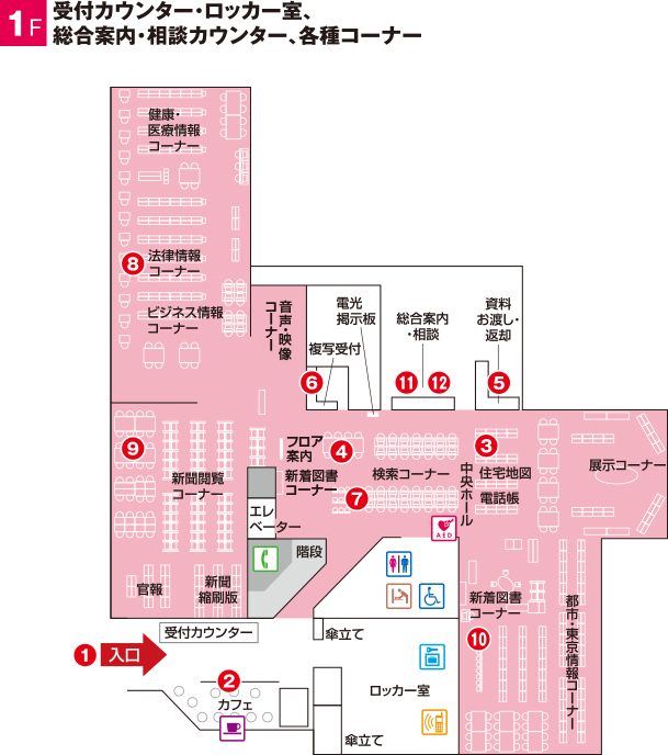 都立中央図書館1階のフロアマップ