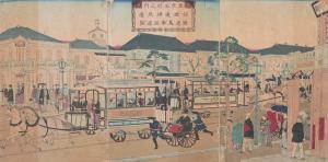 Illustration of a Railway Coach on Ginza Brick Masonry Street, one of the Famous Spots of Tokyo (Tokyo Meisho no Uchi Ginza-tsū Renga-zukuri Tetsudō Basha Ōfuku Zu)