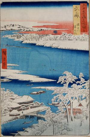 Rokujū-yoshū Meisho Zue Musashi: Snowy Morning of Sumida River