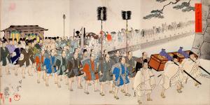 Illustration of Daimyō in Procession to Celebrate the Shōgun Senge（from the Chiyoda no On-omote series）(Shōgun Senge No Tame Shukuga Shokō Tairei Gyōrestu no Zu)