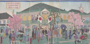 Grand Scene of Choya Shinbun Newspaper Company in Ginza-dori, Famous Spot in Tokyo (Tōkyō Meisho Ginza Chōya Shinbunsha Seidai no Shinzu)