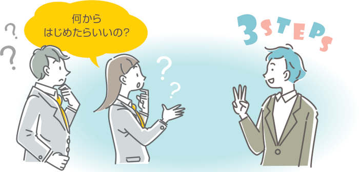 「何からはじめたらいいの？」と2人の学生が質問しているイラスト