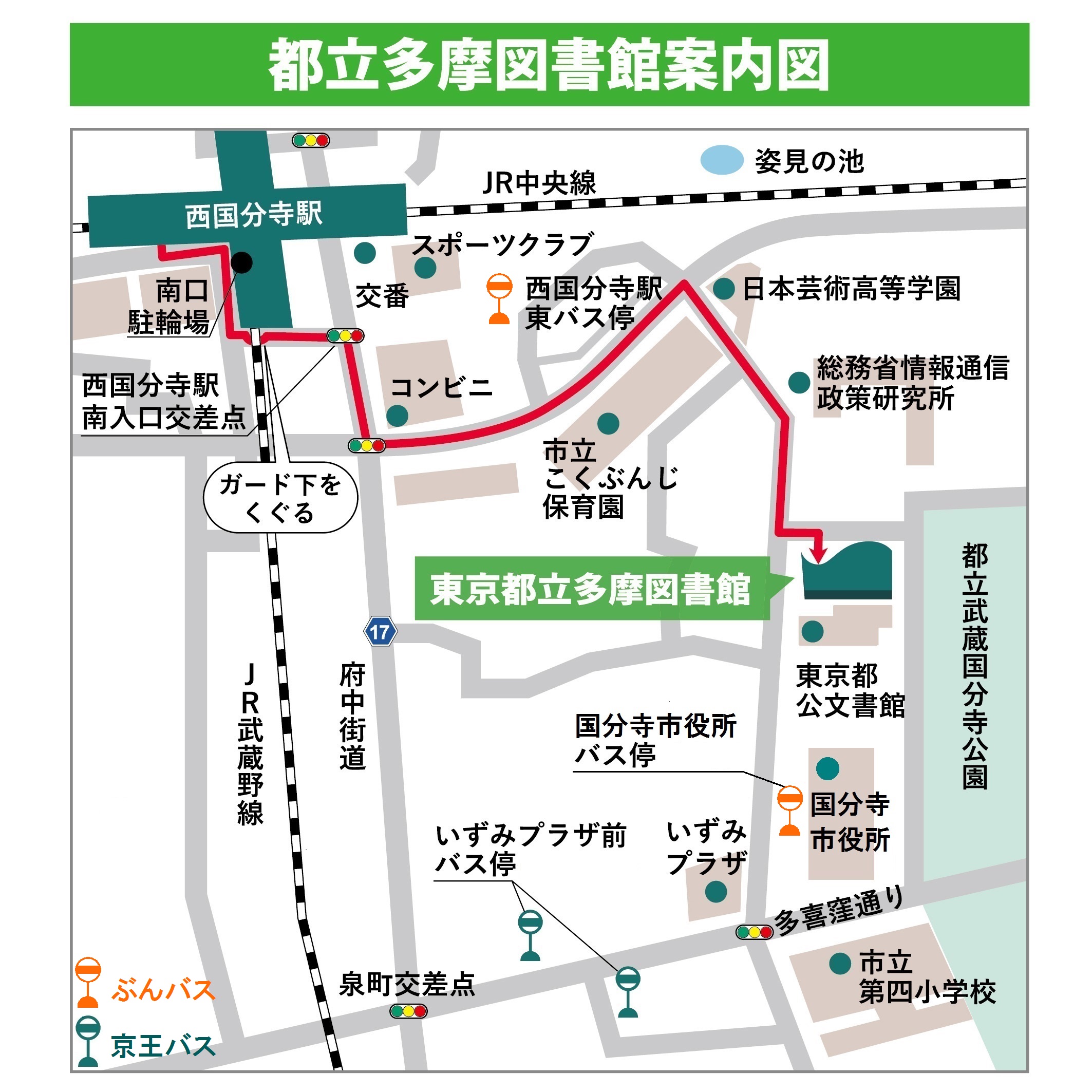 西国分寺駅からの徒歩のルートと最寄りのバス停を案内する地図です。最寄りのバス停は、京王バスは「いずみプラザ前」・ぶんバスは「国分寺市役所」です。令和7年1月1日の国分寺市役所新庁舎移転に伴い、ぶんバスのバス停「いずみプラザ前」は廃止になりました。